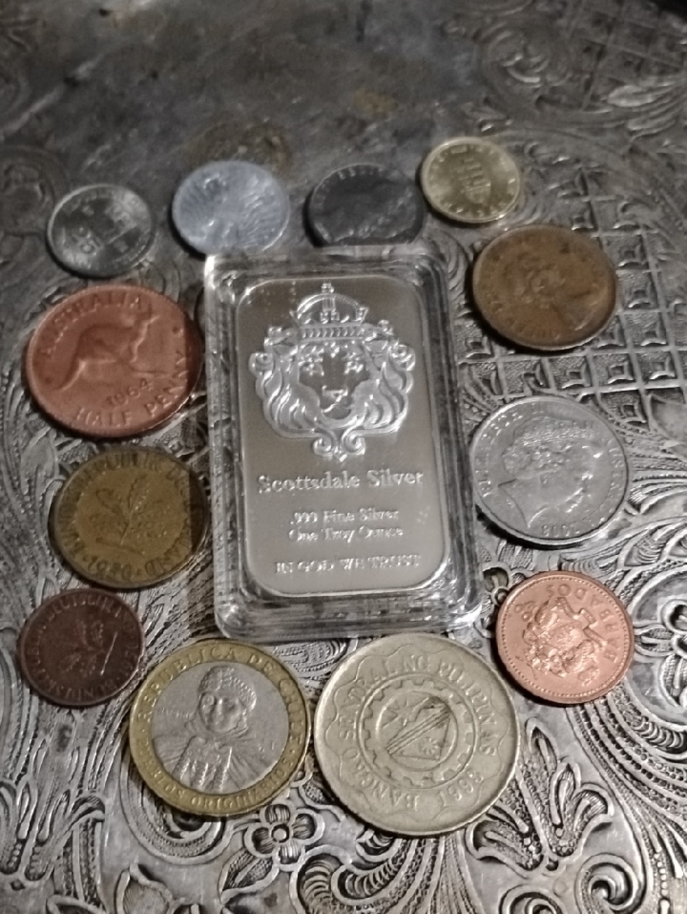 Scottsdale  AG Silver 1 oz Brilliant Bar - Lion Crest+1950s&60s Coinage